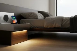 Smart nightstand with wireless charging and soft motion lighting in a modern bedroom