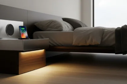 Smart nightstand with wireless charging and soft motion lighting in a modern bedroom