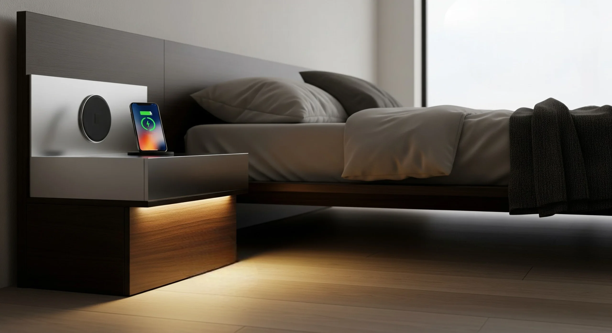 Smart nightstand with wireless charging and soft motion lighting in a modern bedroom