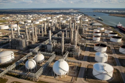Aerial view of a large Texas Gulf Coast refinery with towers, tanks, pipelines, and a ship channel.