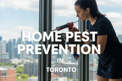 Homeowner sealing a Toronto window frame with caulk to help prevent pests.