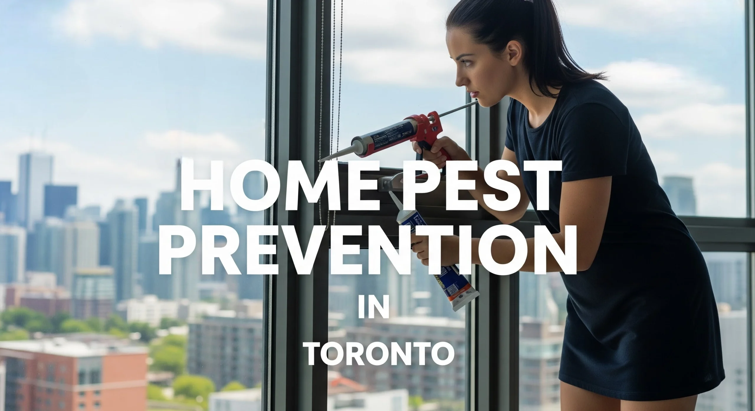 Homeowner sealing a Toronto window frame with caulk to help prevent pests.