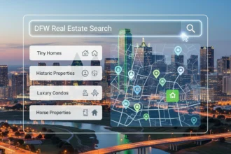 Dallas–Fort Worth skyline with AI search overlay and niche real estate listing filters