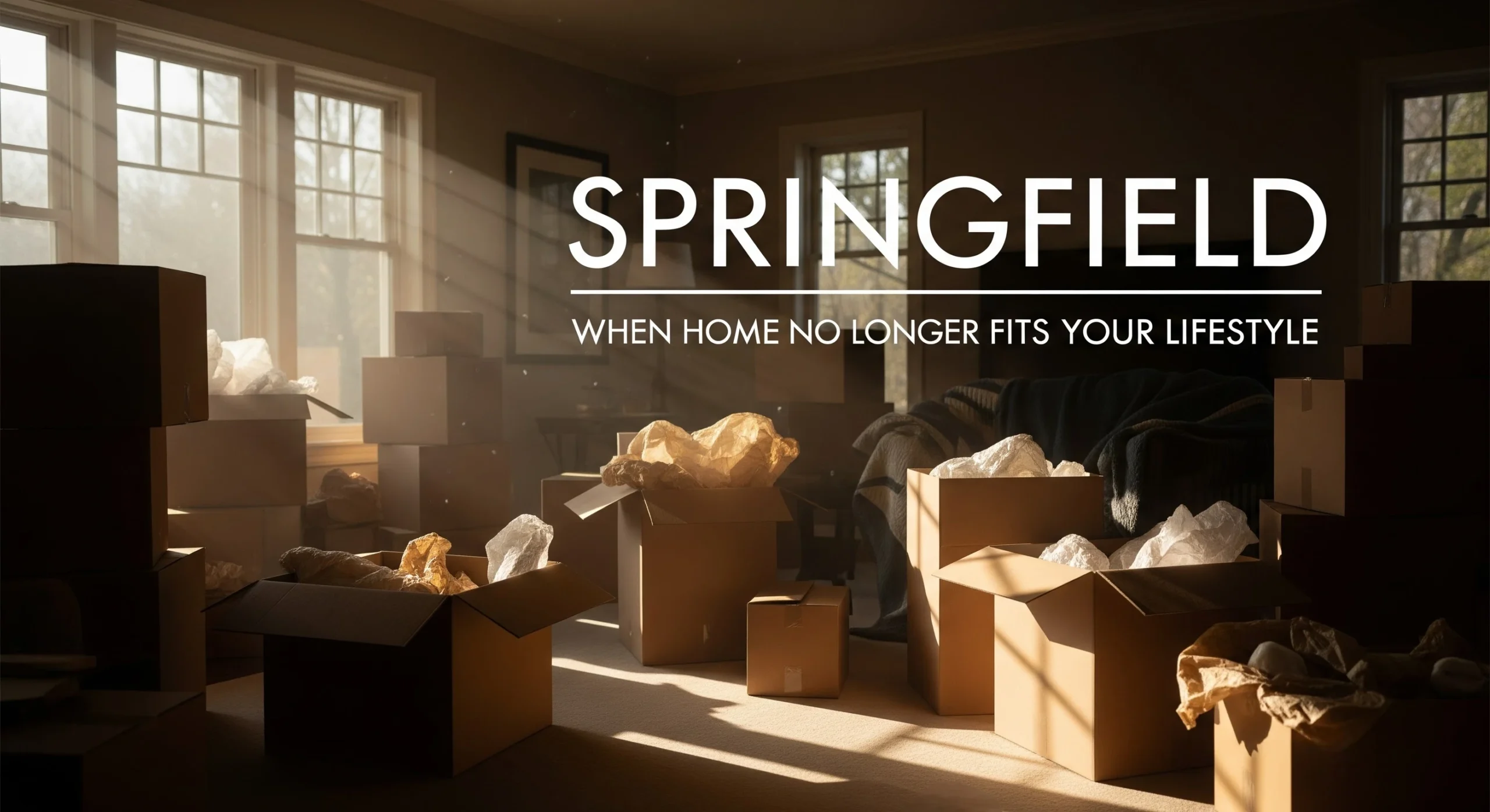 Sunlit Springfield living room with moving boxes showing a home transition