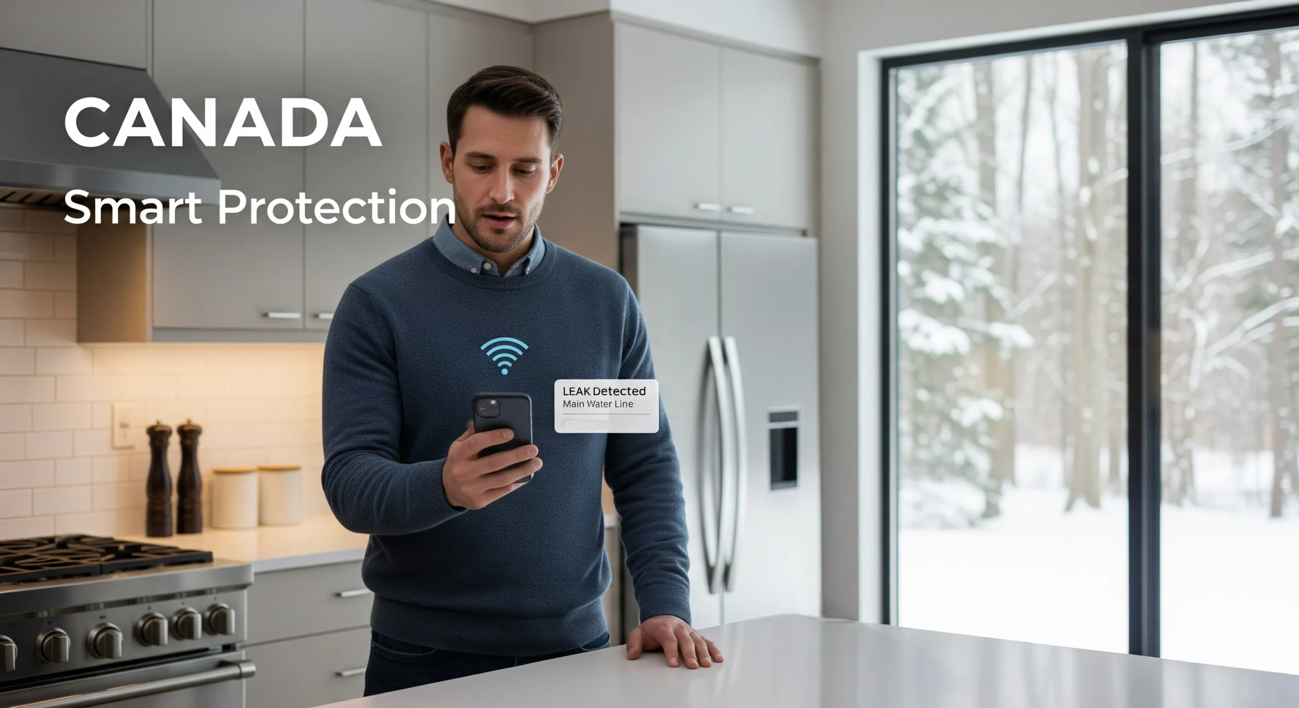 Homeowner receives a leak alert from a whole-house leak detection system in a Canadian home.