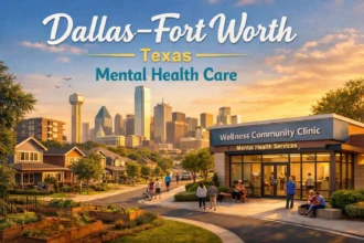 Dallas–Fort Worth neighborhood with skyline and community wellness clinic representing mental health access and housing stability