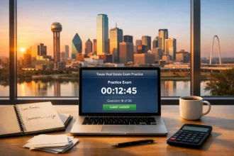 Dallas skyline behind a desk with a laptop showing a Texas real estate exam practice test and study materials