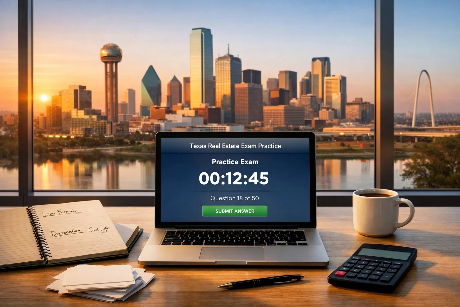 Dallas skyline behind a desk with a laptop showing a Texas real estate exam practice test and study materials