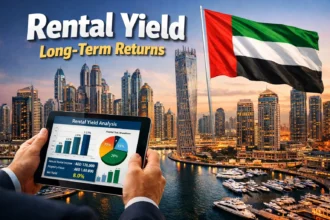 Dubai Marina skyline with investor reviewing rental yield data on a tablet