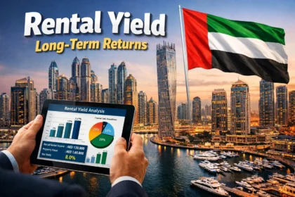 Dubai Marina skyline with investor reviewing rental yield data on a tablet