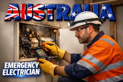 Emergency electrician inspecting a home switchboard after a sudden electrical fault in Australia