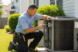 HVAC technician performing routine maintenance on an outdoor AC unit at a home
