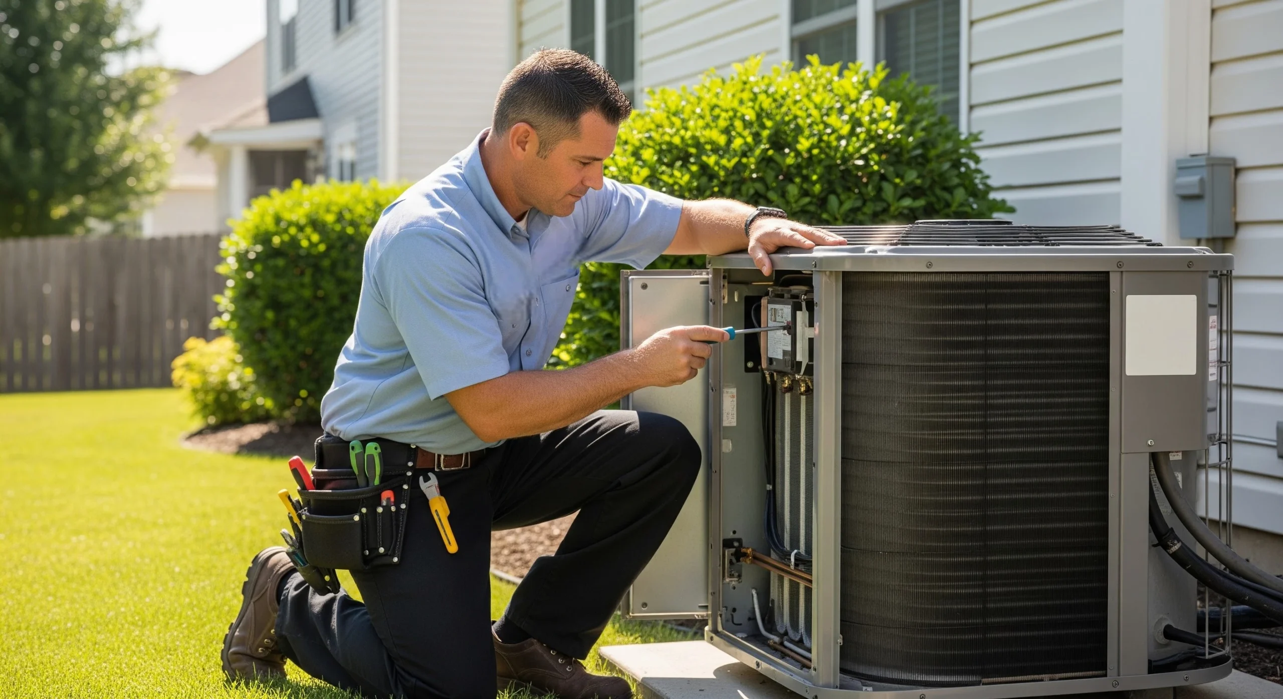 HVAC technician performing routine maintenance on an outdoor AC unit at a home