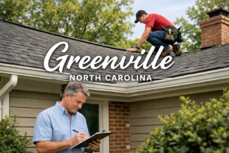 Roofer inspecting a suburban Greenville-area roof while homeowner reviews notes below