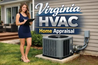 Appraiser evaluating a Virginia home with a visible outdoor HVAC unit