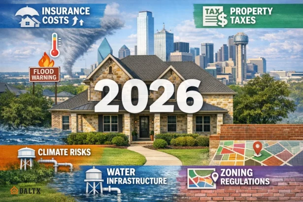 Dallas home with overlays of insurance, tax, climate risk, water infrastructure, and zoning factors affecting 2026 buyers