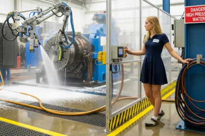 Robotic hydroblasting crew operating high-pressure water blasting equipment with full safety controls.