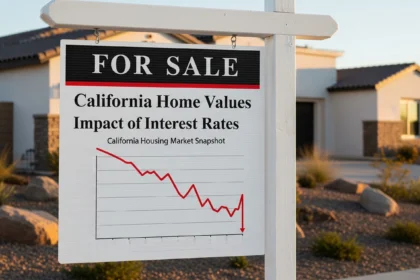 For-sale sign with price trend line showing rate impact on home values