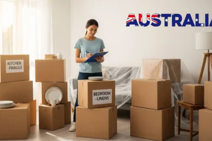 Calm homeowner with labeled moving boxes and a checklist while preparing for an interstate move
