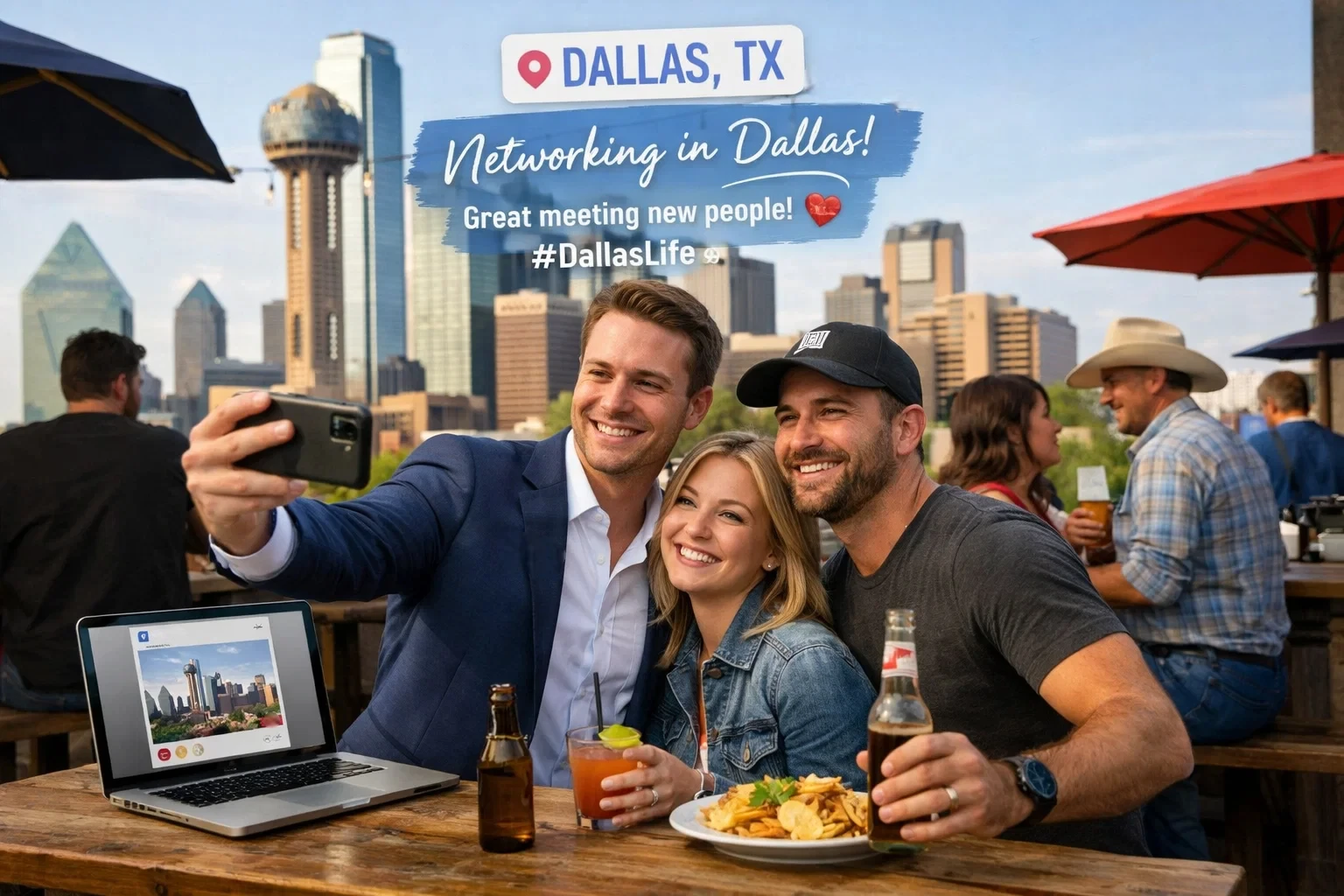 Agent networking with Dallas locals while creating location-tagged social media content.