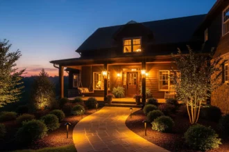 Warm outdoor lighting layers on a home with porch lanterns, pathway lights, and subtle landscape uplighting at dusk