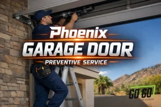Technician servicing a garage door at a Phoenix home