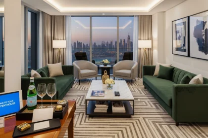 Luxury Dubai penthouse staged for premium short-term rental with skyline view and concierge welcome setup