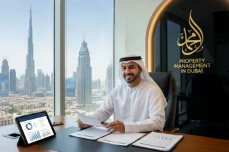 Dubai skyline with landlord reviewing property management fee documents for a rental investment