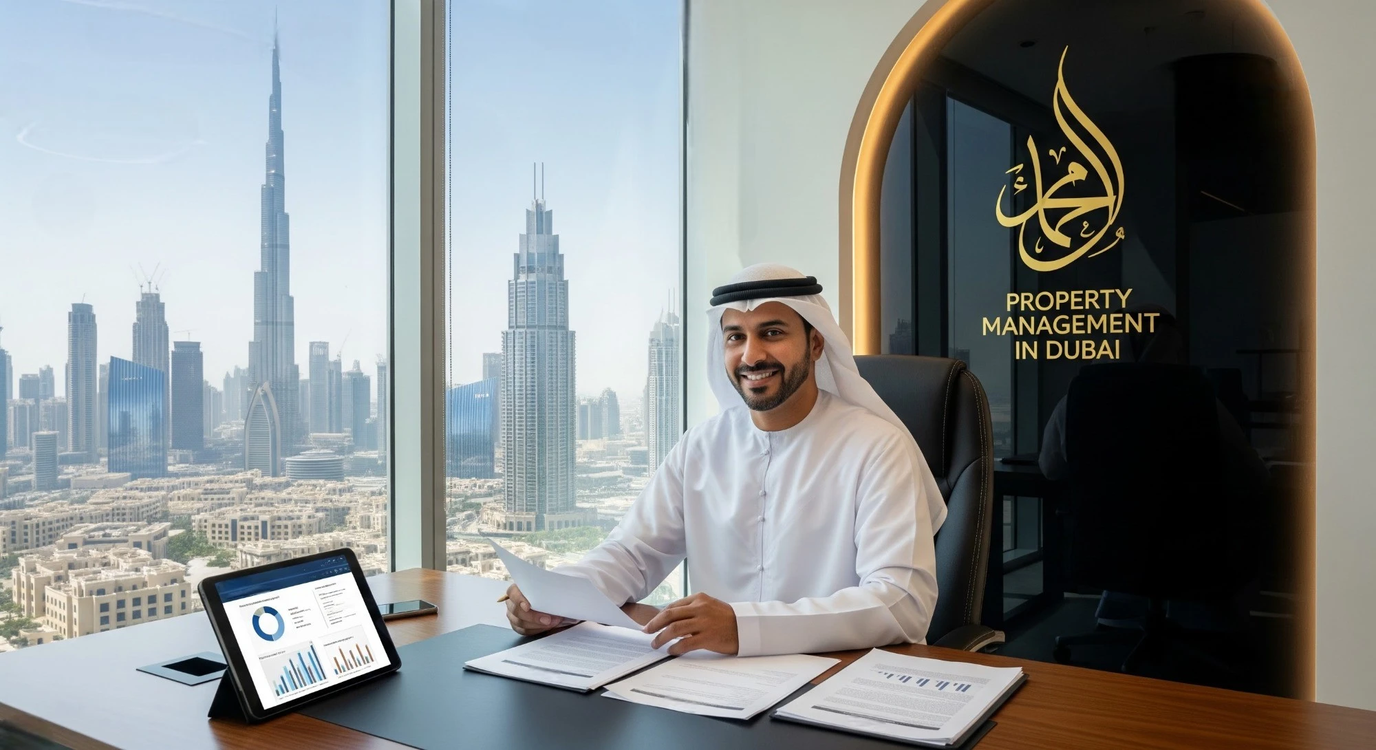 Dubai skyline with landlord reviewing property management fee documents for a rental investment