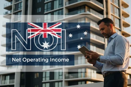 Property manager reviewing NOI performance outside a modern Australian apartment building