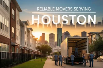 Professional movers loading a truck outside a Houston apartment with the skyline in the background.