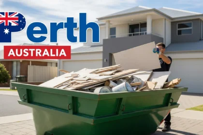 Skip bin on a Perth driveway with renovation debris being loaded safely
