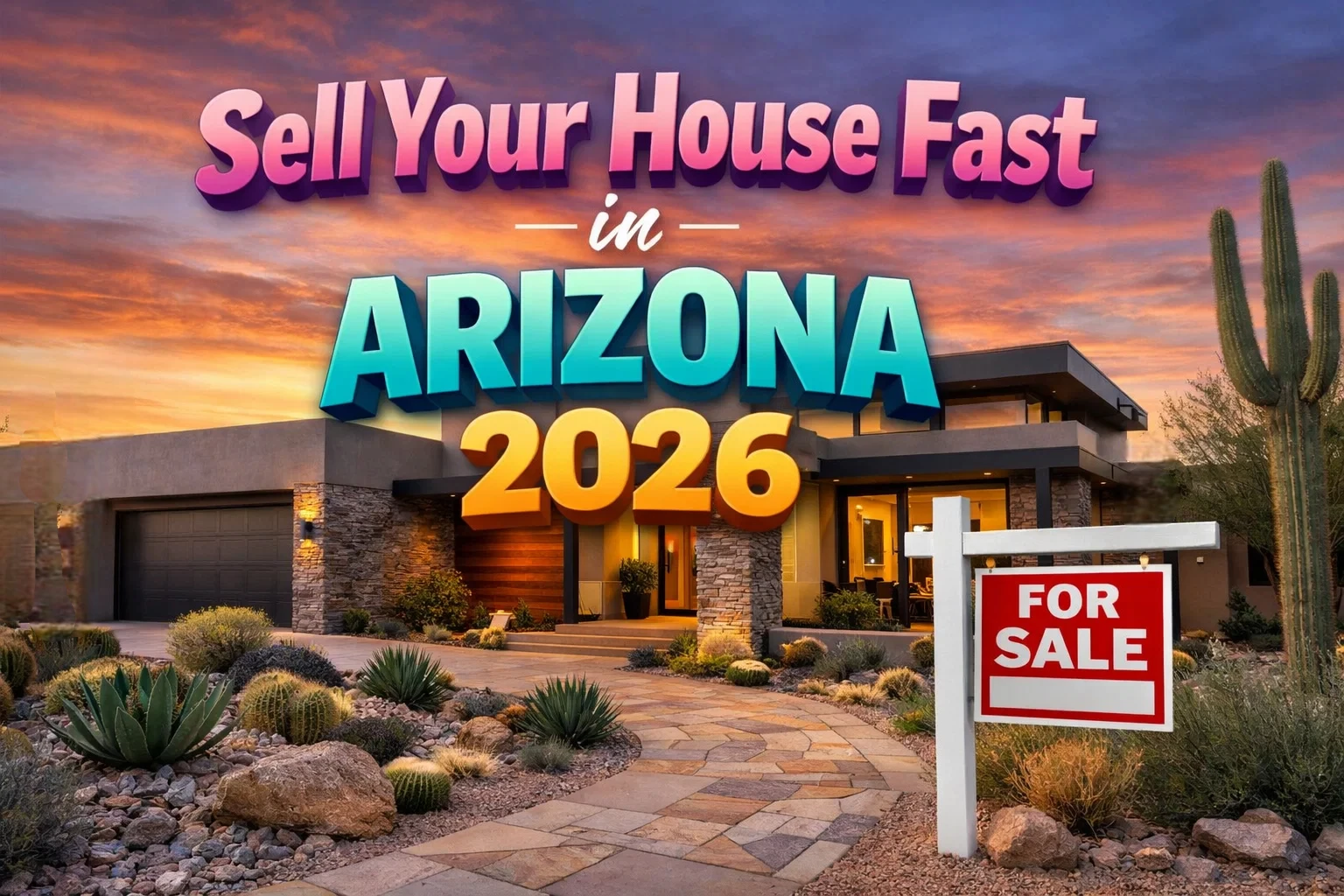 Modern Arizona home with desert landscaping and a for sale sign