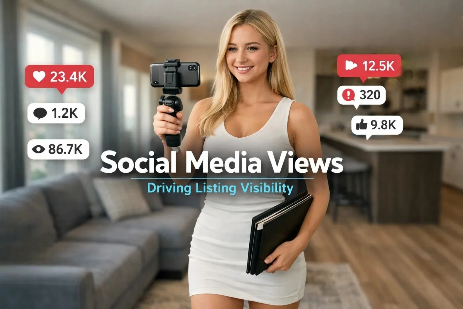 real estate agent filming a home tour with social media view metrics overlay