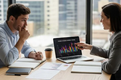 First-time Australian investor meeting a property investment adviser with market charts and budget notes