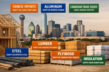 Dallas skyline behind a home construction site showing materials affected by tariffs and trade policy