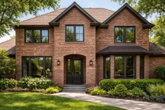 Window replacement on a Dallas brick home with dark bronze fiberglass frames and low-E glass