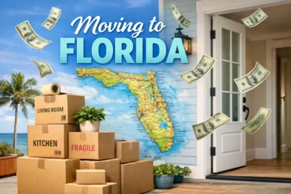 Moving boxes beside a coastal home entryway with a laptop open to an unclaimed property search page