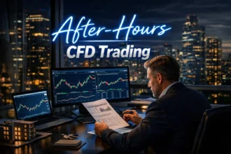 real estate investor reviewing after-hours CFD trading charts at night