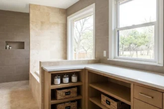 Organized Dallas bathroom with neutral tile, tidy storage, and clutter-free counters