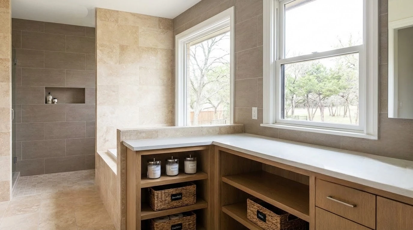 Organized Dallas bathroom with neutral tile, tidy storage, and clutter-free counters