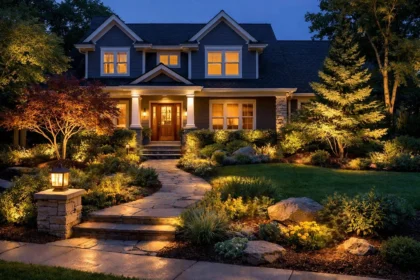 Well-balanced residential landscape lighting plan across entry, paths, and front yard