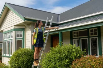 Homeowner inspecting the roof and gutters of a well-maintained Christchurch home
