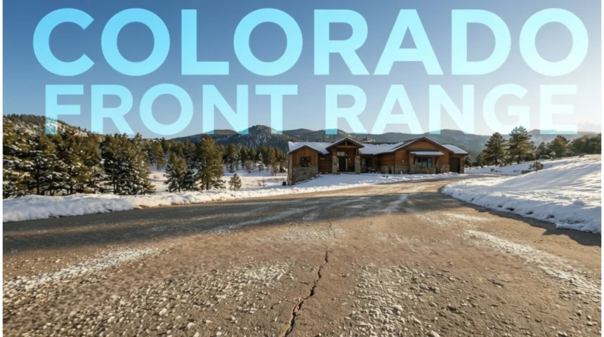 Freeze-thaw-resistant concrete driveway at a Colorado Front Range home in winter sunlight