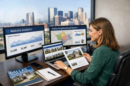 Real estate professional creating market content with charts, notes, and neighborhood research