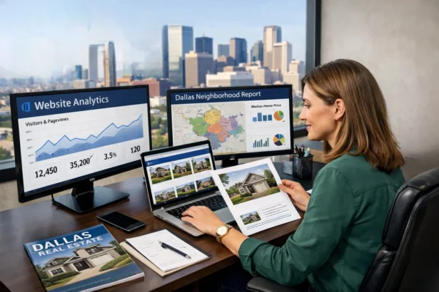 Real estate professional creating market content with charts, notes, and neighborhood research