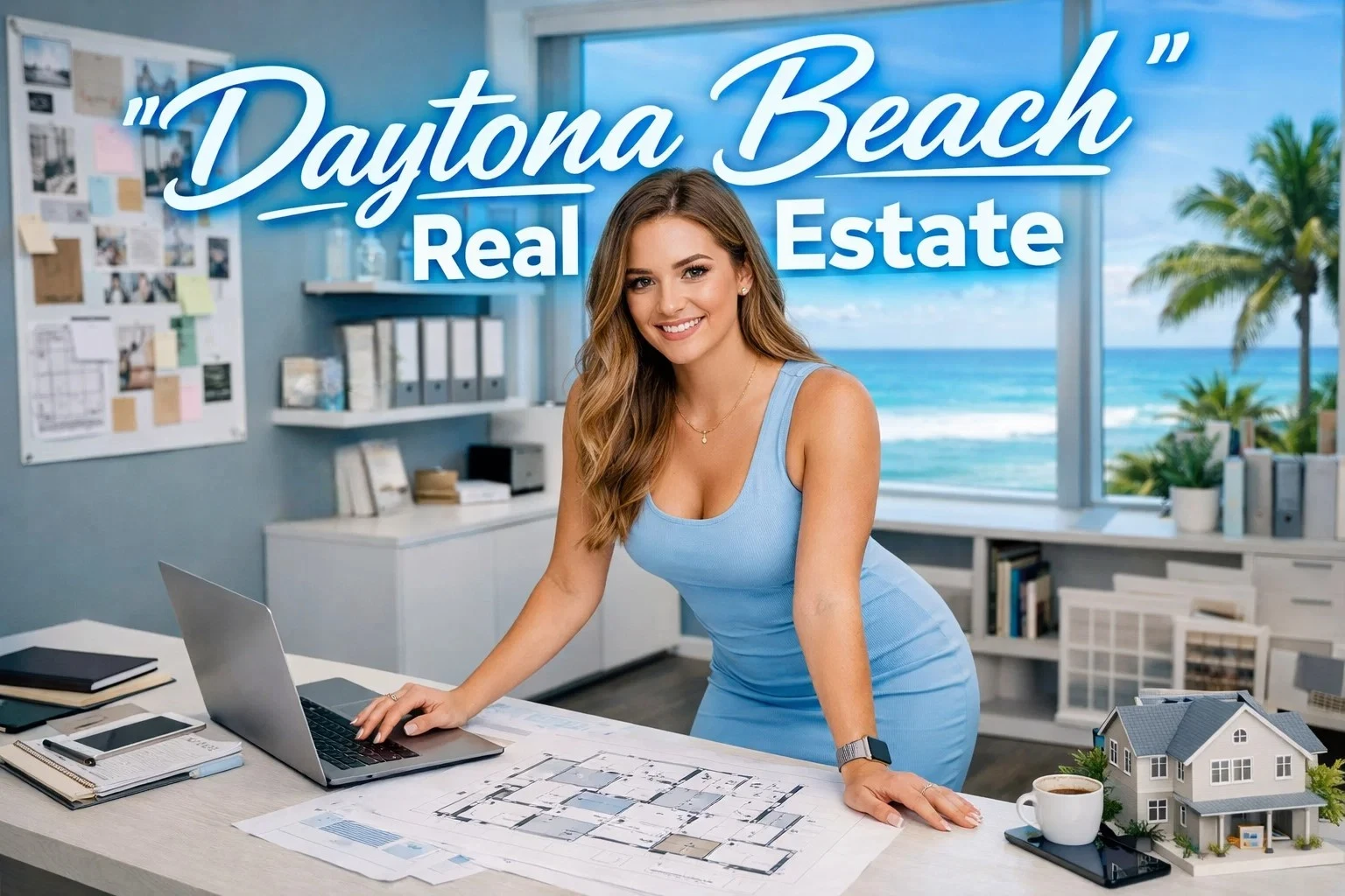 Daytona Beach real estate professional managing deals, systems, and renovation planning in a modern coastal office