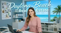 Daytona Beach real estate professional managing deals, systems, and renovation planning in a modern coastal office