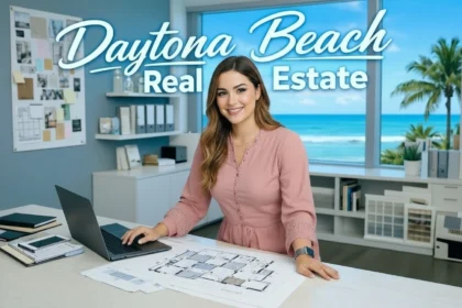 Daytona Beach real estate professional managing deals, systems, and renovation planning in a modern coastal office