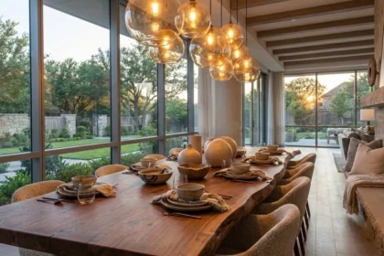 Dallas open-concept dining room with a statement wood table, warm pendant lighting, and polished staging details